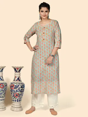 Women'S Printed Straight Cotton See Green Stitched Kurta