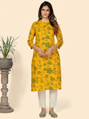 Women'S Printed Straight Cotton Yellow Stitched Kurta