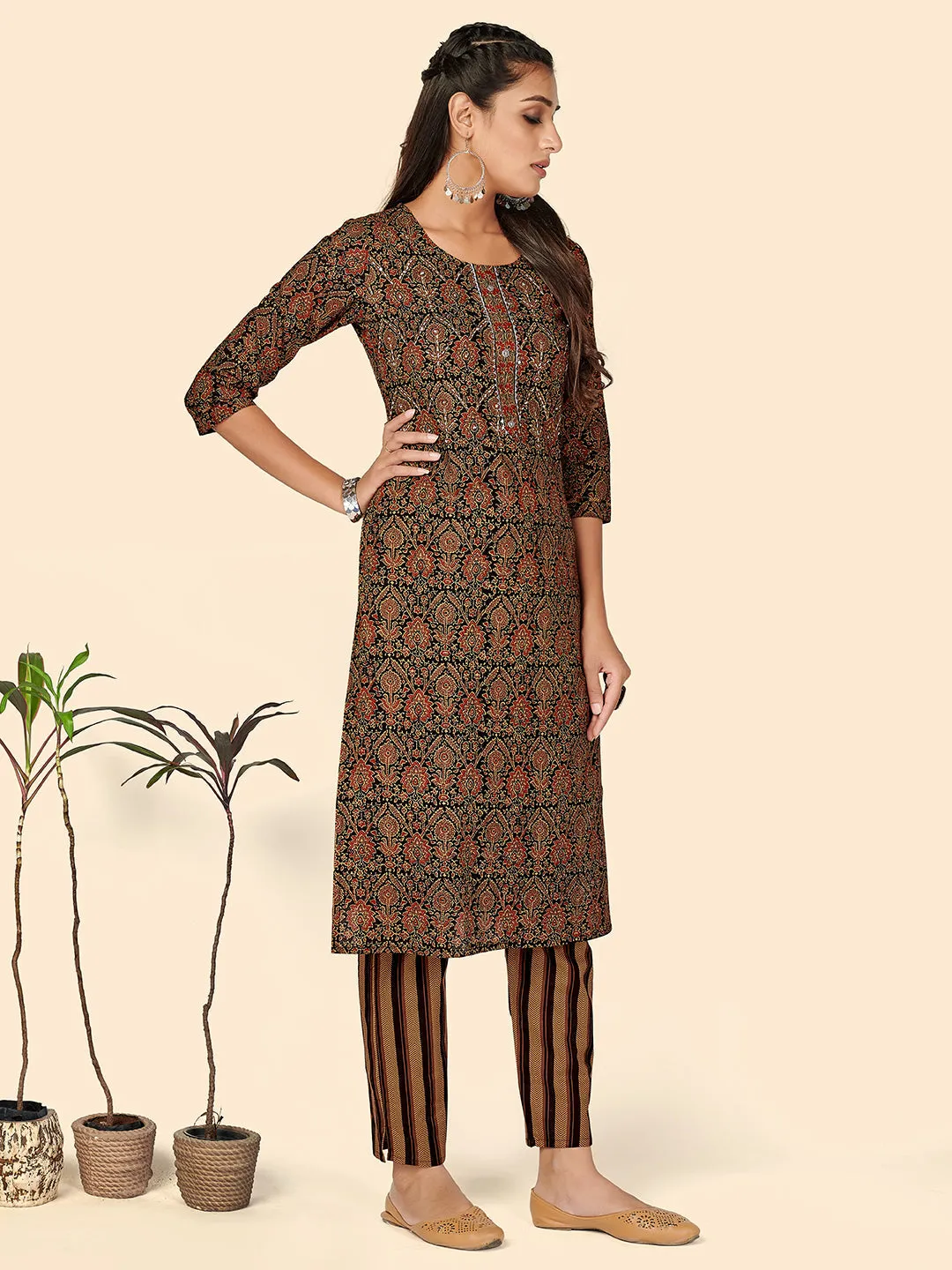 Women'S Sequience Straight Cotton Brown Stitched Kurta Pant With Dupatta