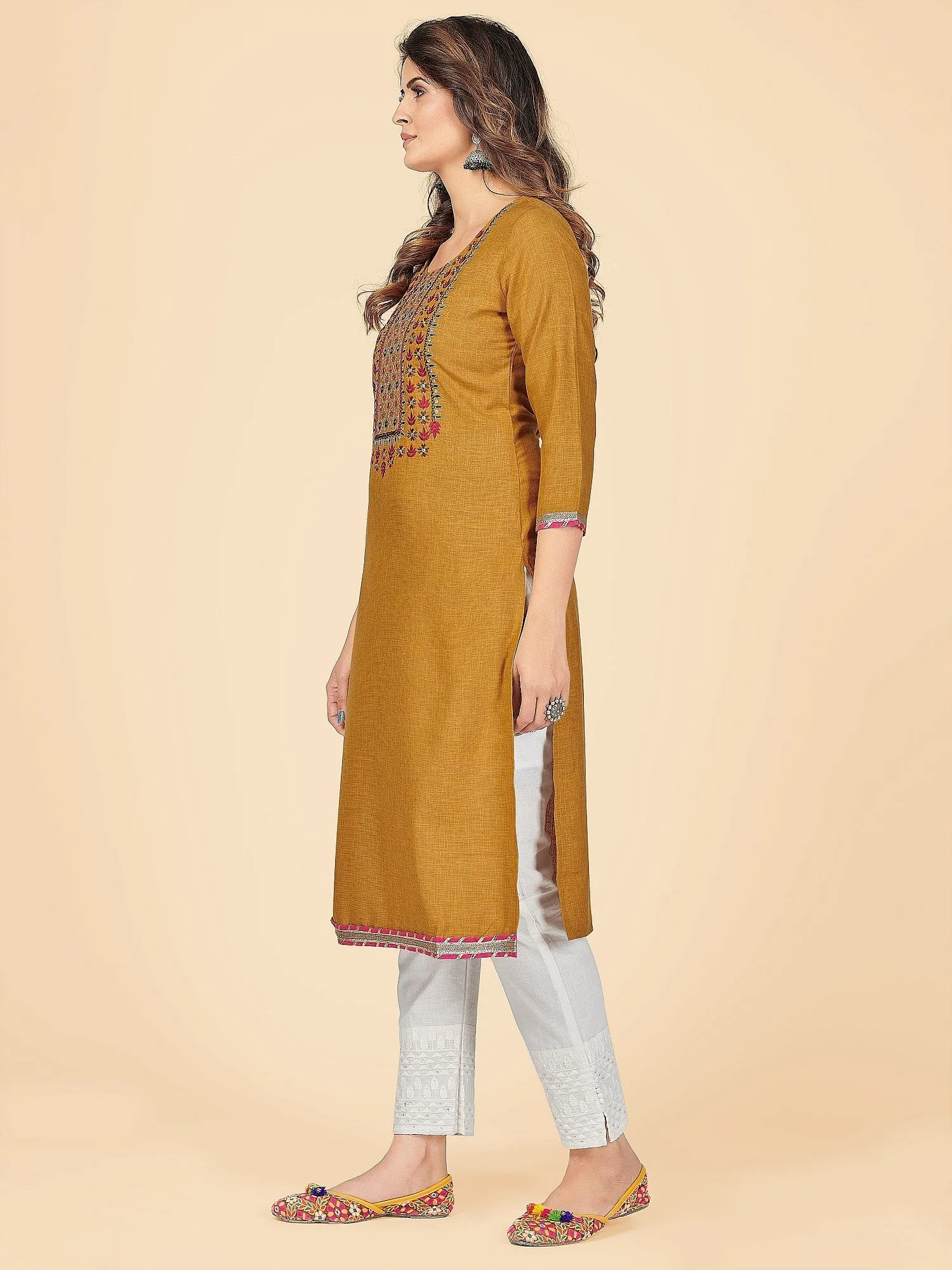 Women'S Solid & Embroidered Straight Cotton Mustard Stitched Kurta