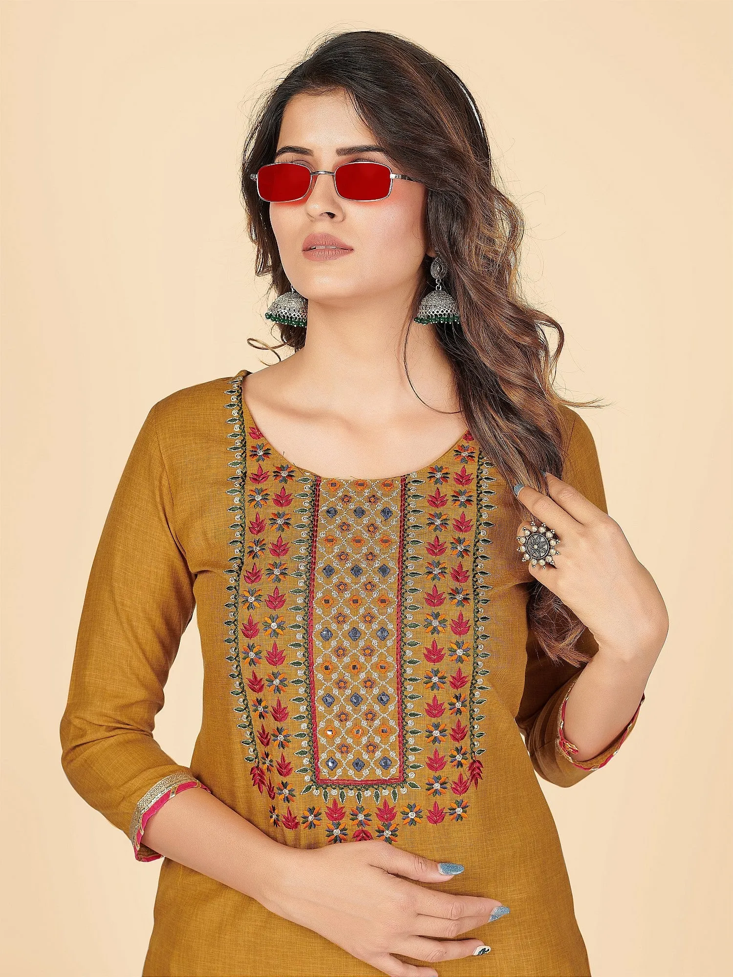 Women'S Solid & Embroidered Straight Cotton Mustard Stitched Kurta