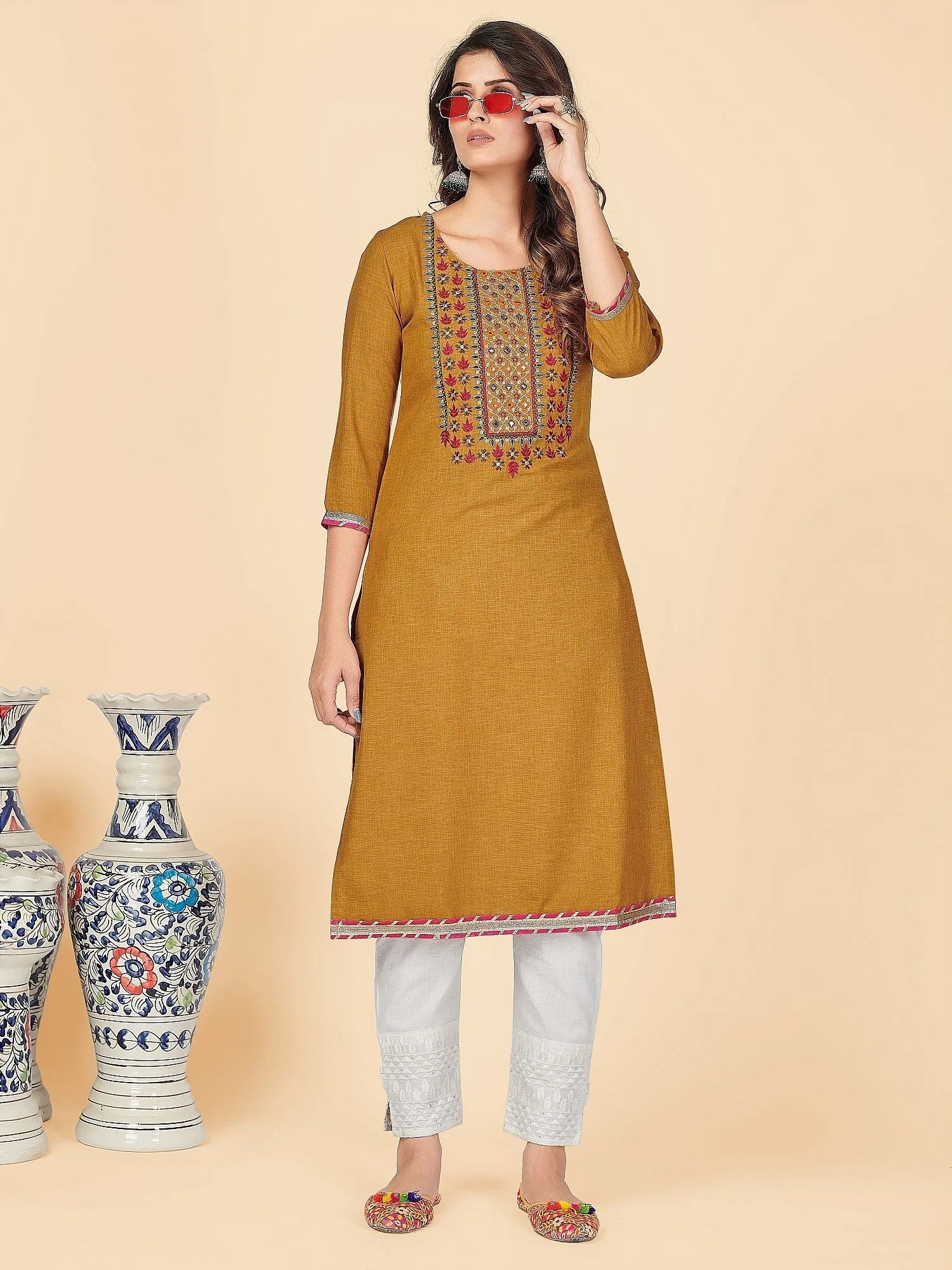 Women'S Solid & Embroidered Straight Cotton Mustard Stitched Kurta