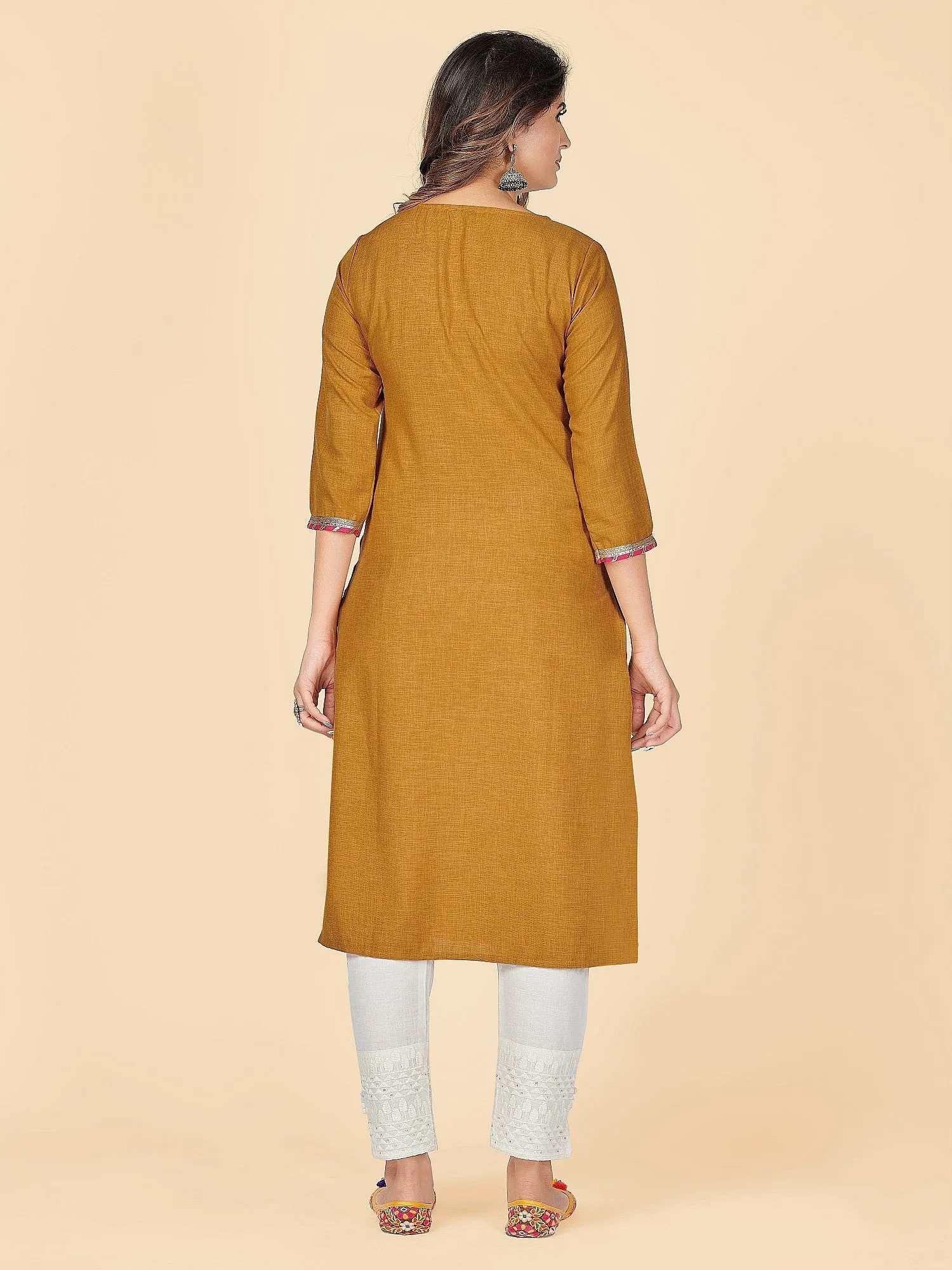 Women'S Solid & Embroidered Straight Cotton Mustard Stitched Kurta