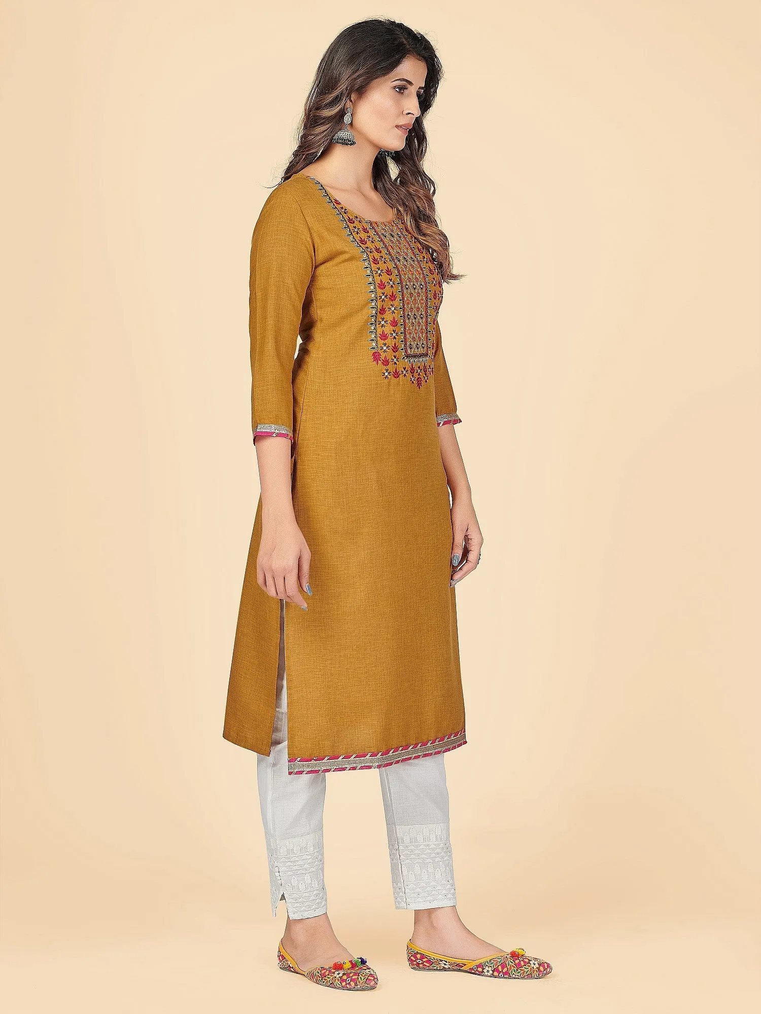 Women'S Solid & Embroidered Straight Cotton Mustard Stitched Kurta