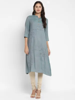 Women'S Solid & Hand Work Straight Rayon Aqua Kurta