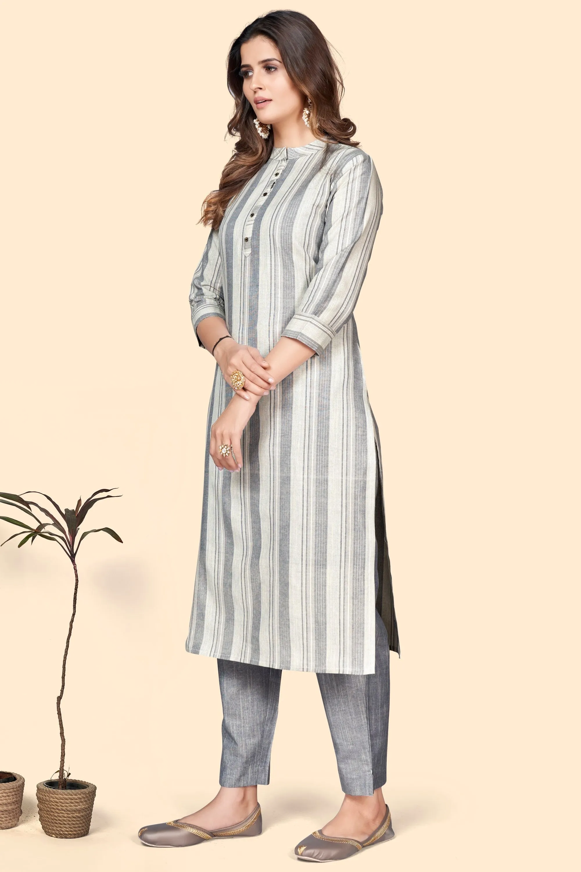 Women'S Striped Print Straight Cotton Blend Grey Stitched Kurta