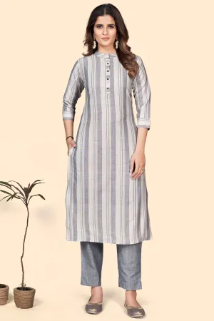 Women'S Striped Print Straight Cotton Blend Grey Stitched Kurta