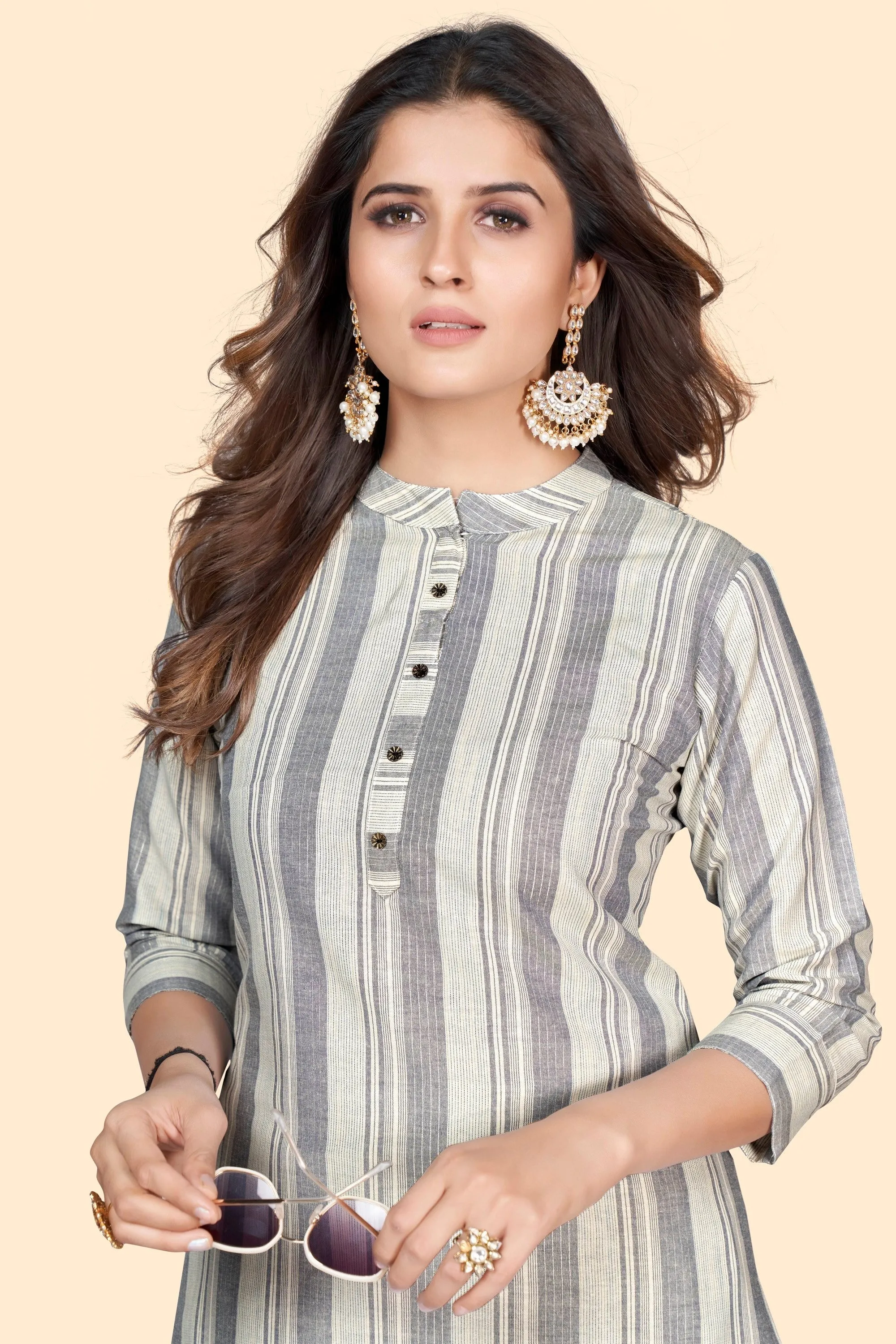 Women'S Striped Print Straight Cotton Blend Grey Stitched Kurta