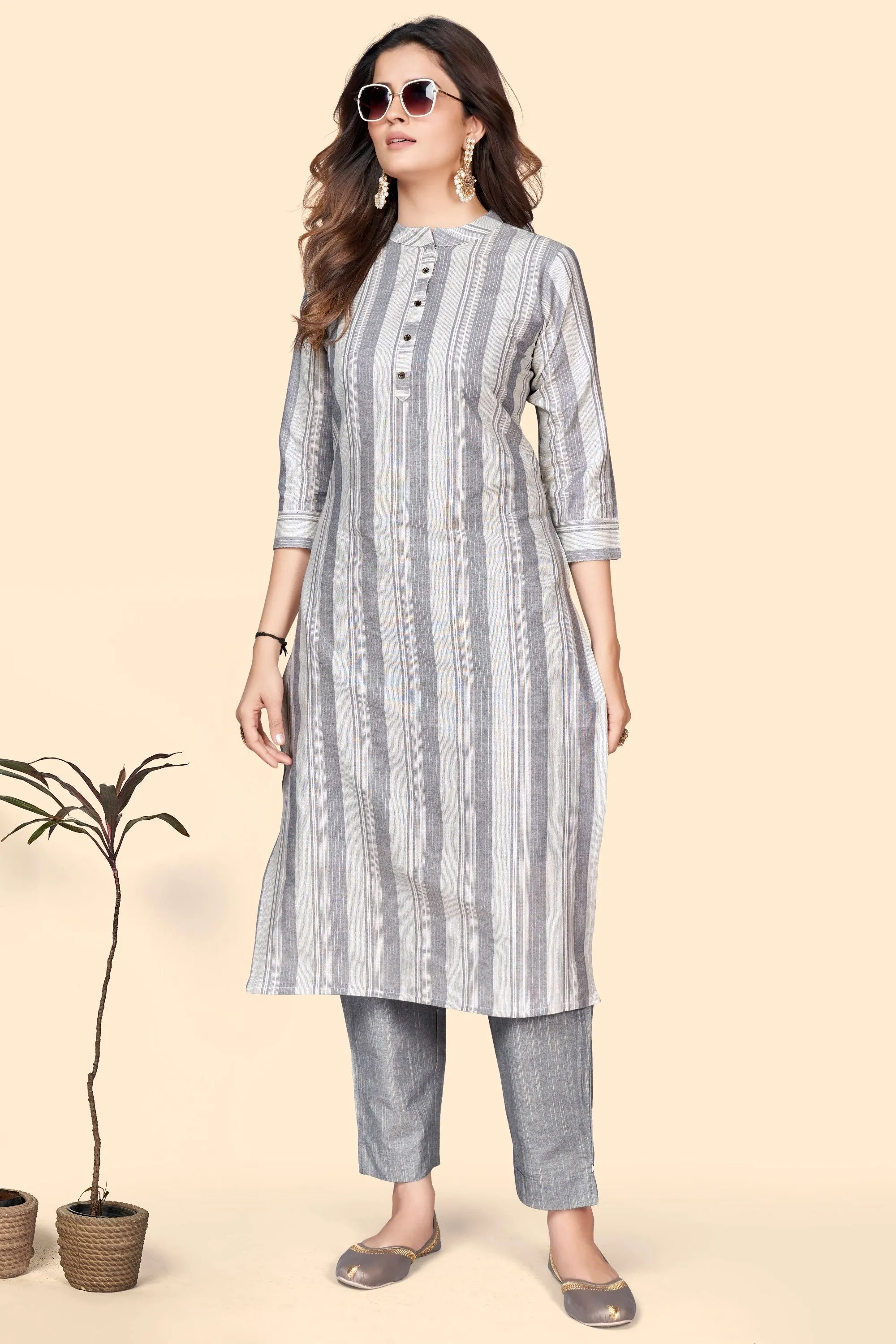 Women'S Striped Print Straight Cotton Blend Grey Stitched Kurta