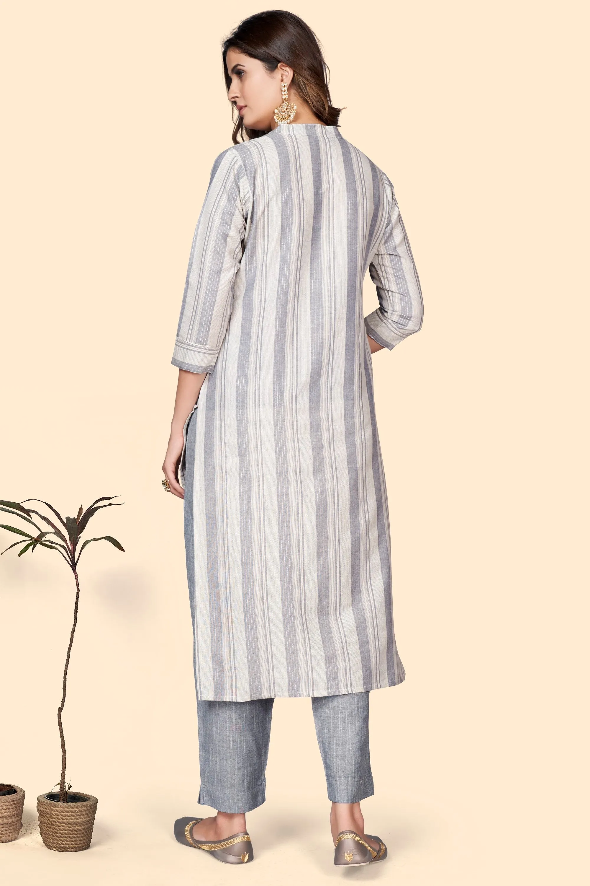 Women'S Striped Print Straight Cotton Blend Grey Stitched Kurta