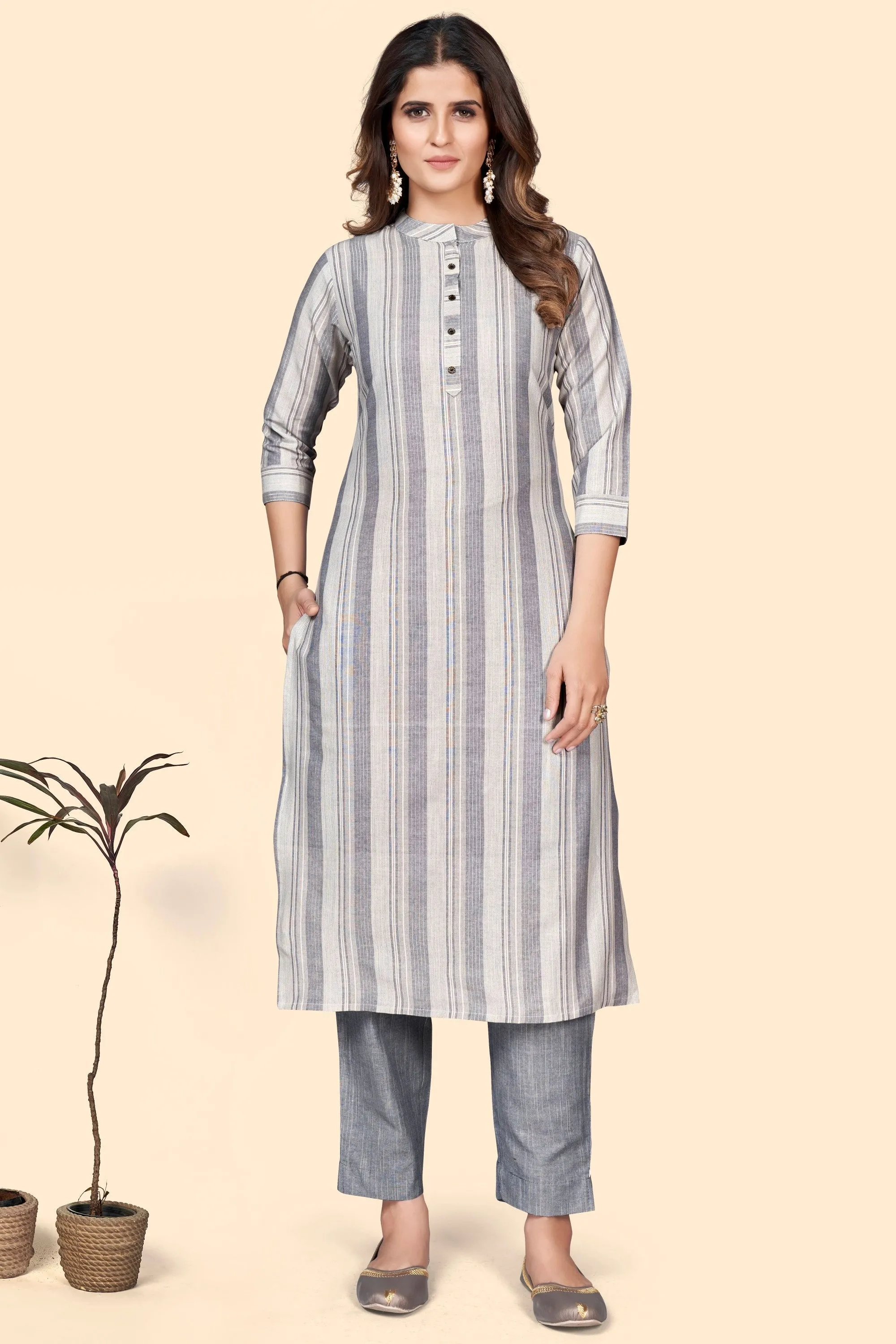 Women'S Striped Print Straight Cotton Blend Grey Stitched Kurta